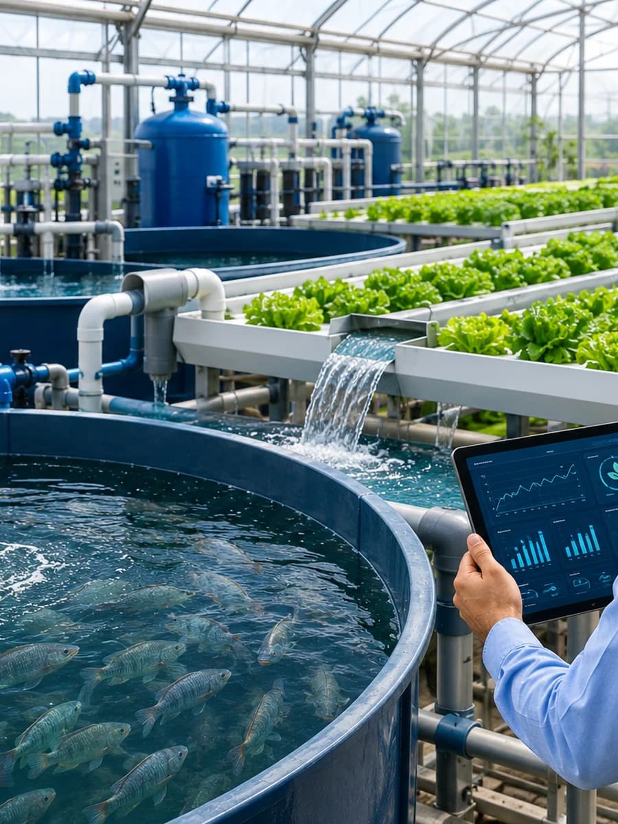 Aquaponics Systems — A fish tank whose water runs across into vegetable grow-beds