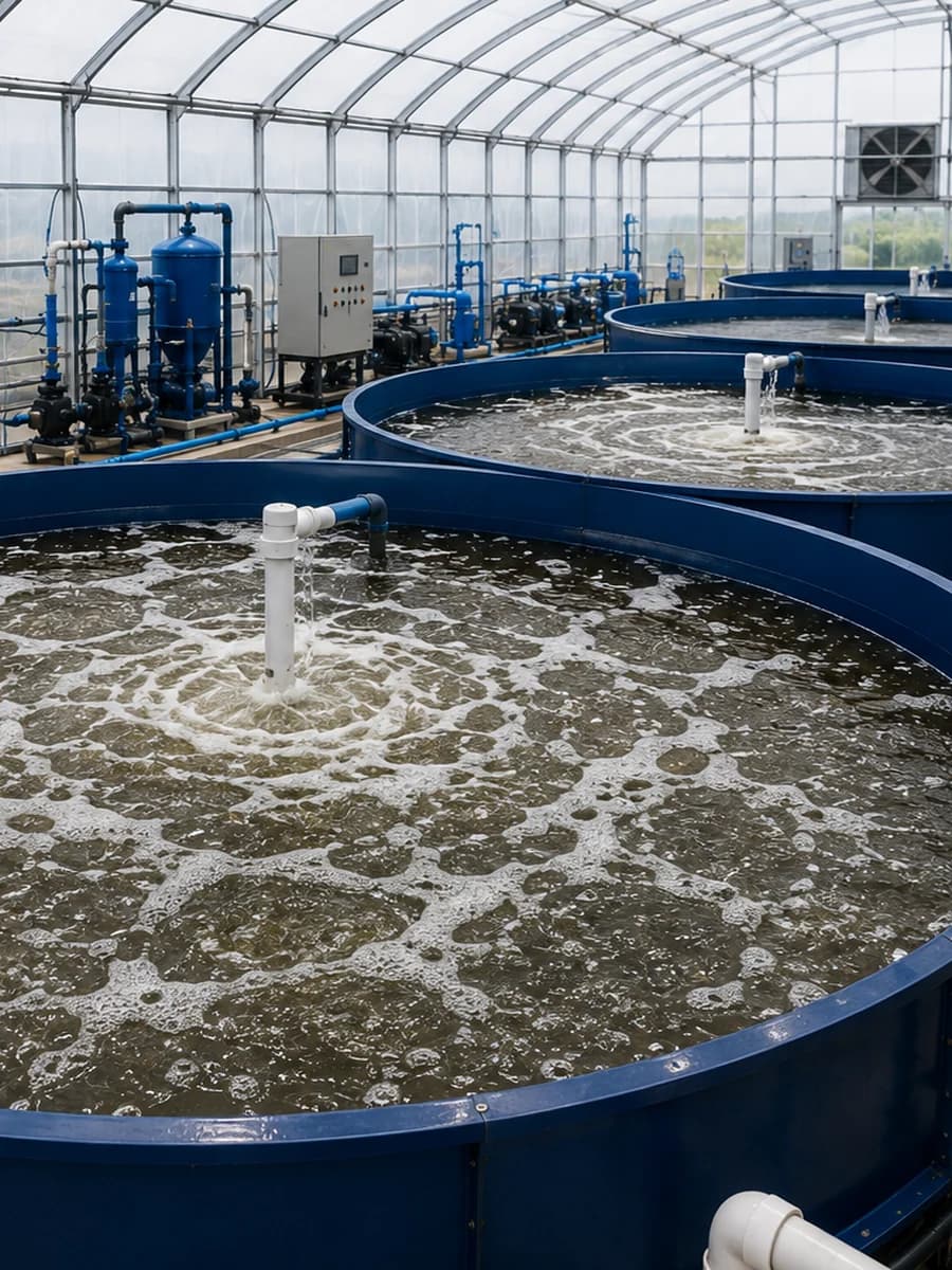 Biofloc Systems — The floc-rich surface of a biofloc tank inside a covered greenhouse