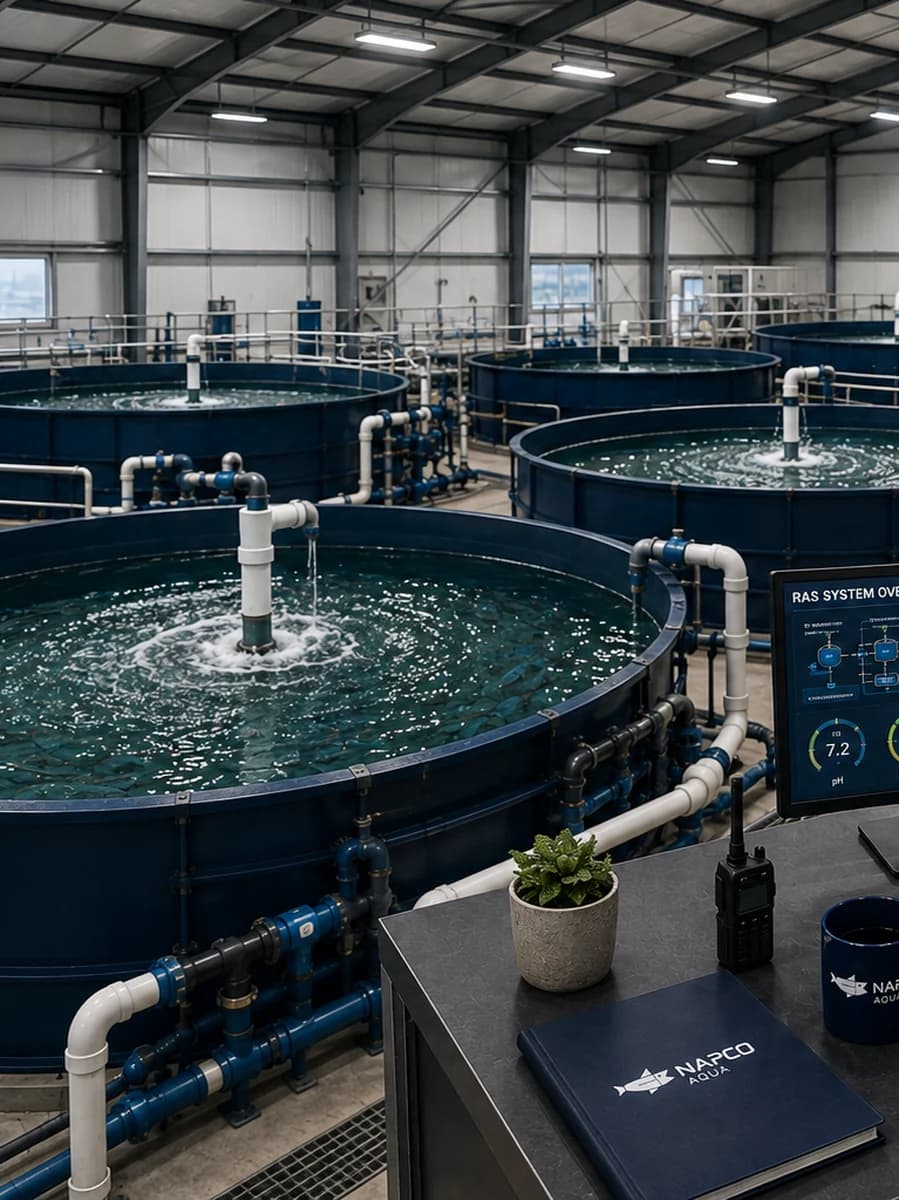 Recirculating Aquaculture Systems (RAS) — A covered hall of circular tanks with filtration units and a monitoring desk